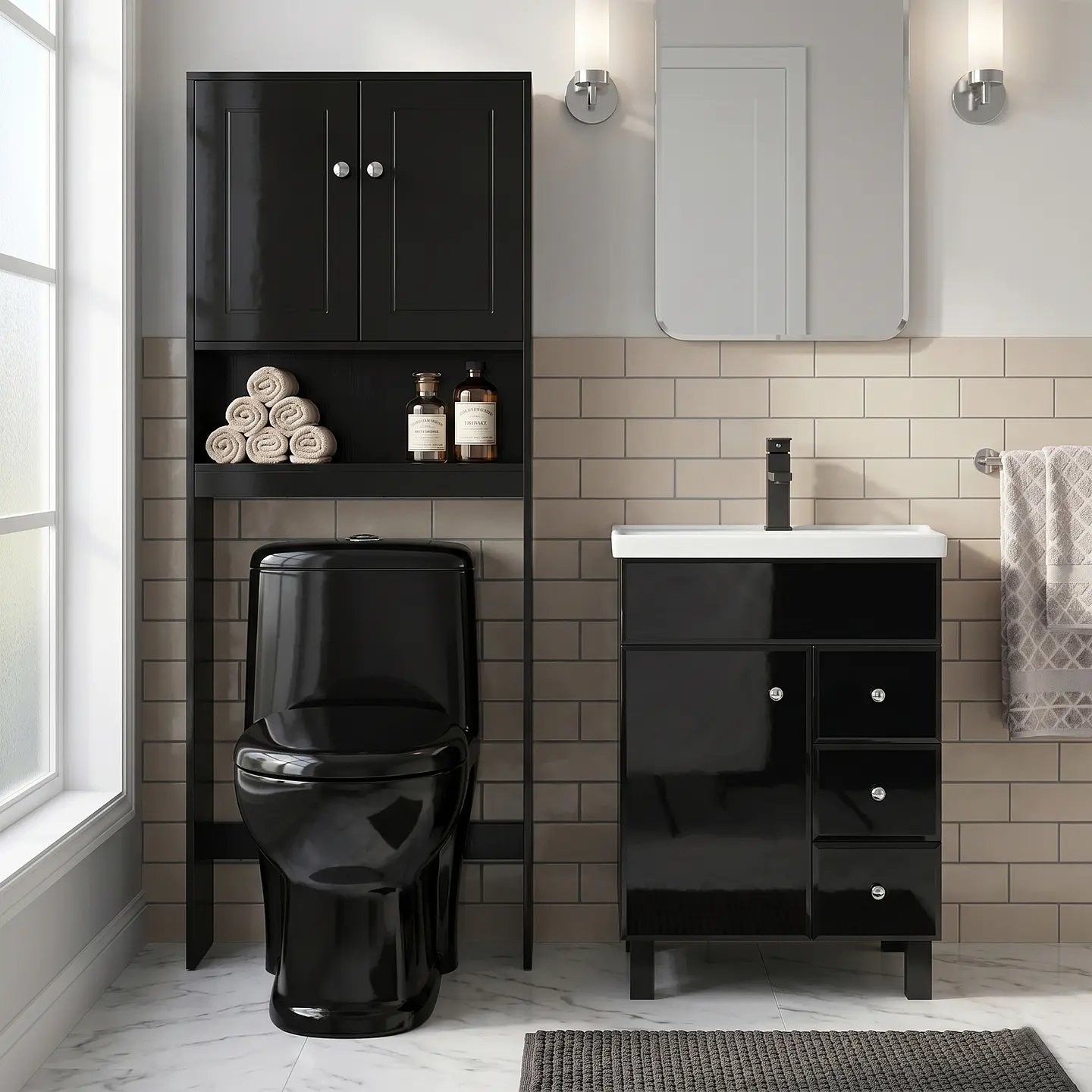 Kit Mueble Vanitorio Negro + Estante Negro + WC Negro - Mueble 60x47x80 cm 2
