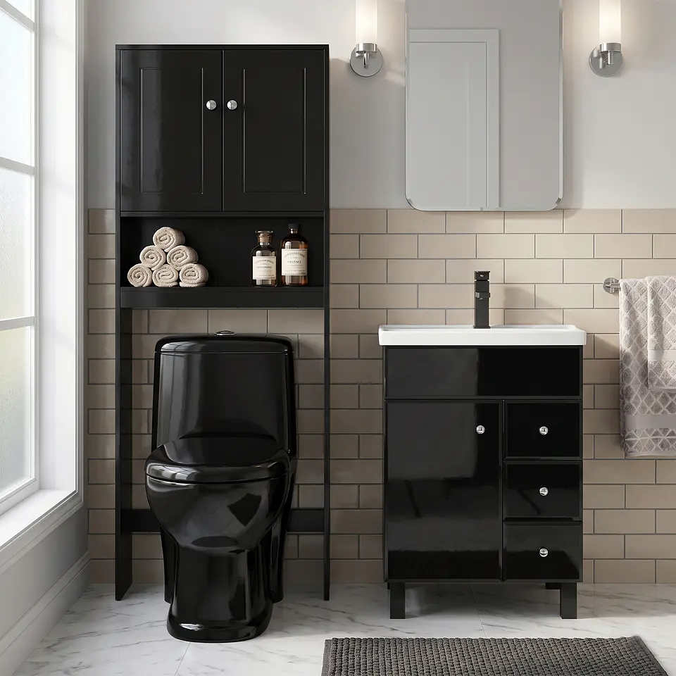 Kit Mueble Vanitorio Negro + Estante Negro + WC Negro - Mueble 60x47x80 cm 2