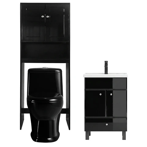 Kit Mueble Vanitorio Negro + Estante Negro + WC Negro - Mueble 50x40x80 cm