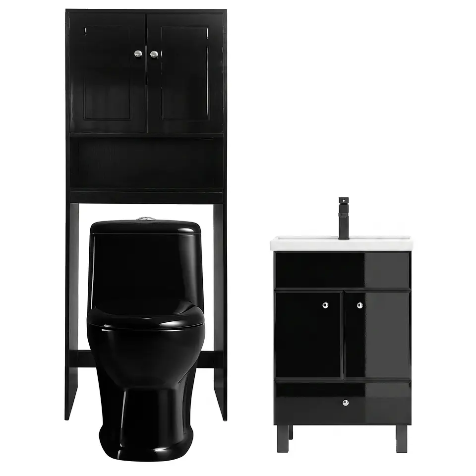 Kit Mueble Vanitorio Negro + Estante Negro + WC Negro - Mueble 50x40x80 cm 1