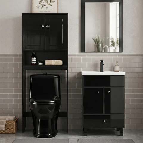 Kit Mueble Vanitorio Negro + Estante Negro + WC Negro - Mueble 50x40x80 cm