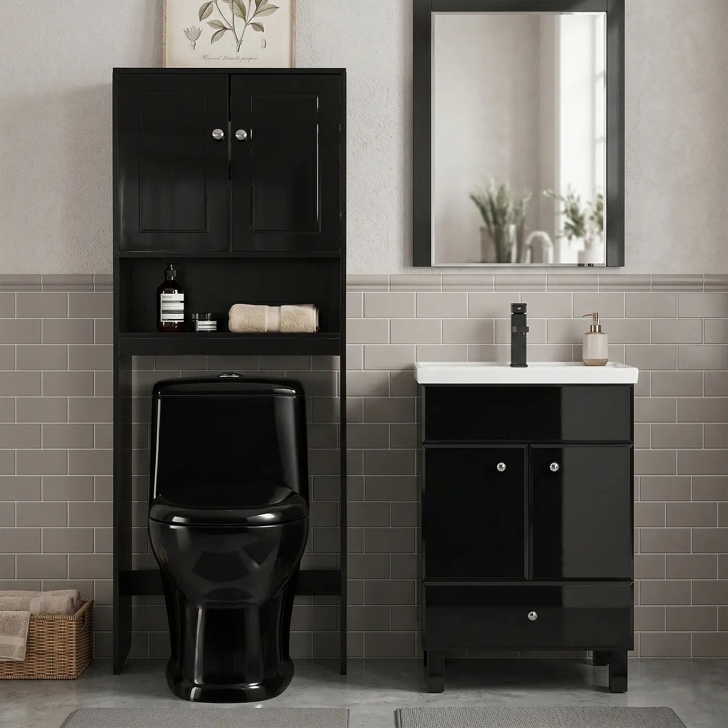 Kit Mueble Vanitorio Negro + Estante Negro + WC Negro - Mueble 50x40x80 cm 2