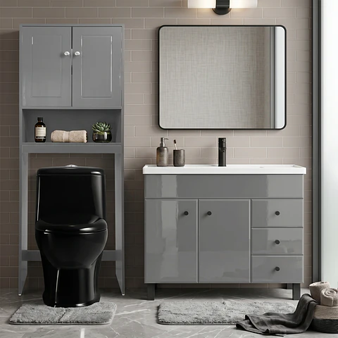Kit Mueble Vanitorio Gris + Estante Gris + WC Negro - Mueble 100x47x80 cm