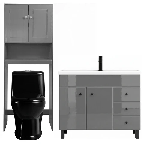 Kit Mueble Vanitorio Gris + Estante Gris + WC Negro - Mueble 100x47x80 cm