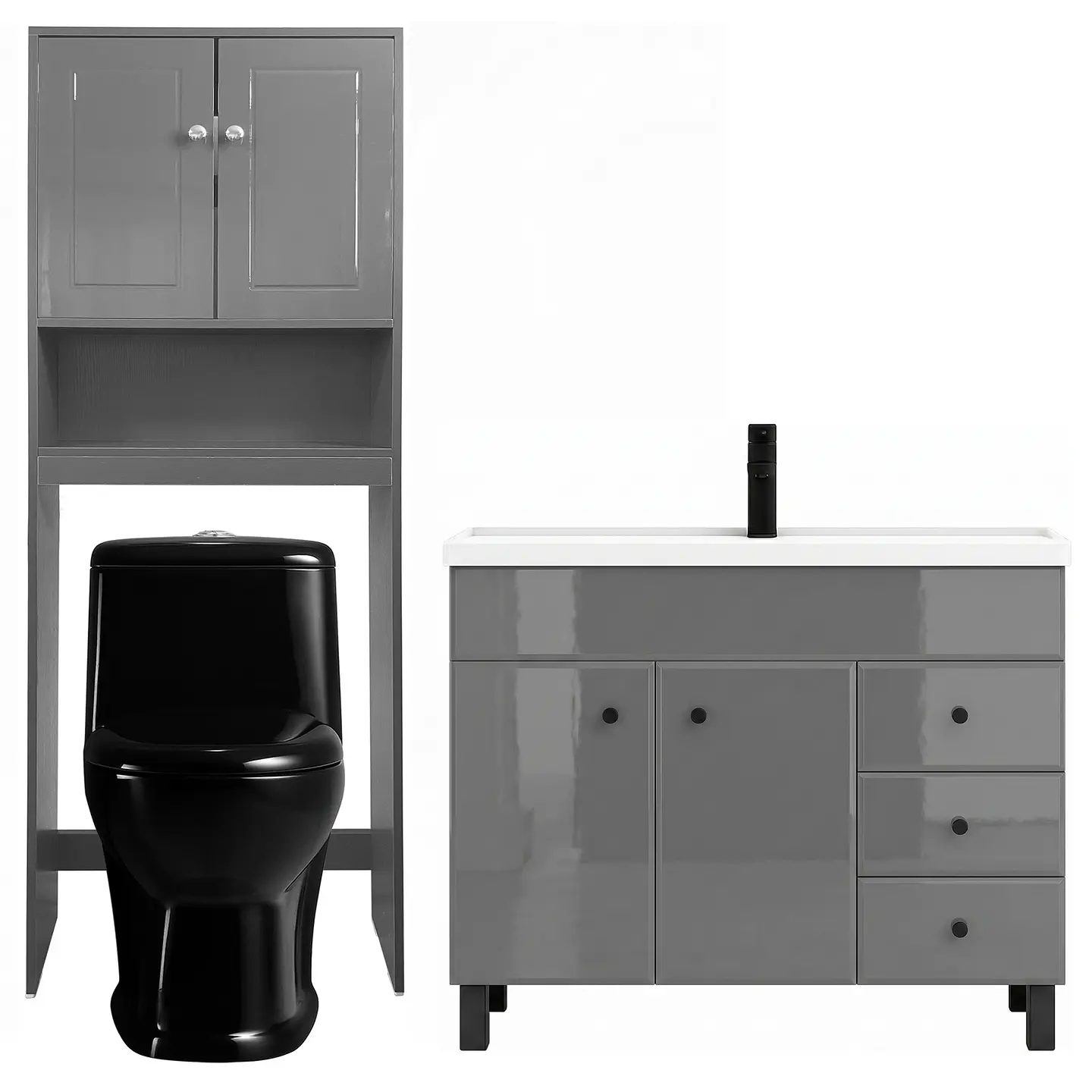 Kit Mueble Vanitorio Gris + Estante Gris + WC Negro - Mueble 100x47x80 cm 1