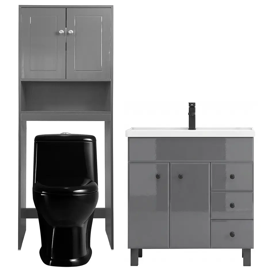 Kit Mueble Vanitorio Gris + Estante Gris + WC Negro - Mueble 80x47x80 cm 1
