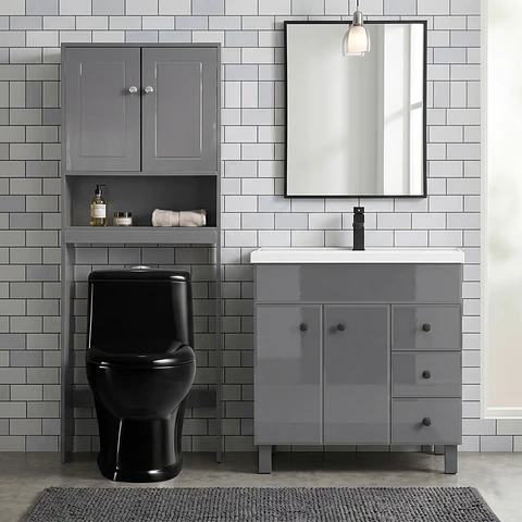 Kit Mueble Vanitorio Gris + Estante Gris + WC Negro - Mueble 80x47x80 cm