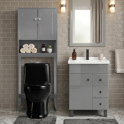 Kit Mueble Vanitorio Gris + Estante Gris + WC Negro - Mueble 70x47x80 cm