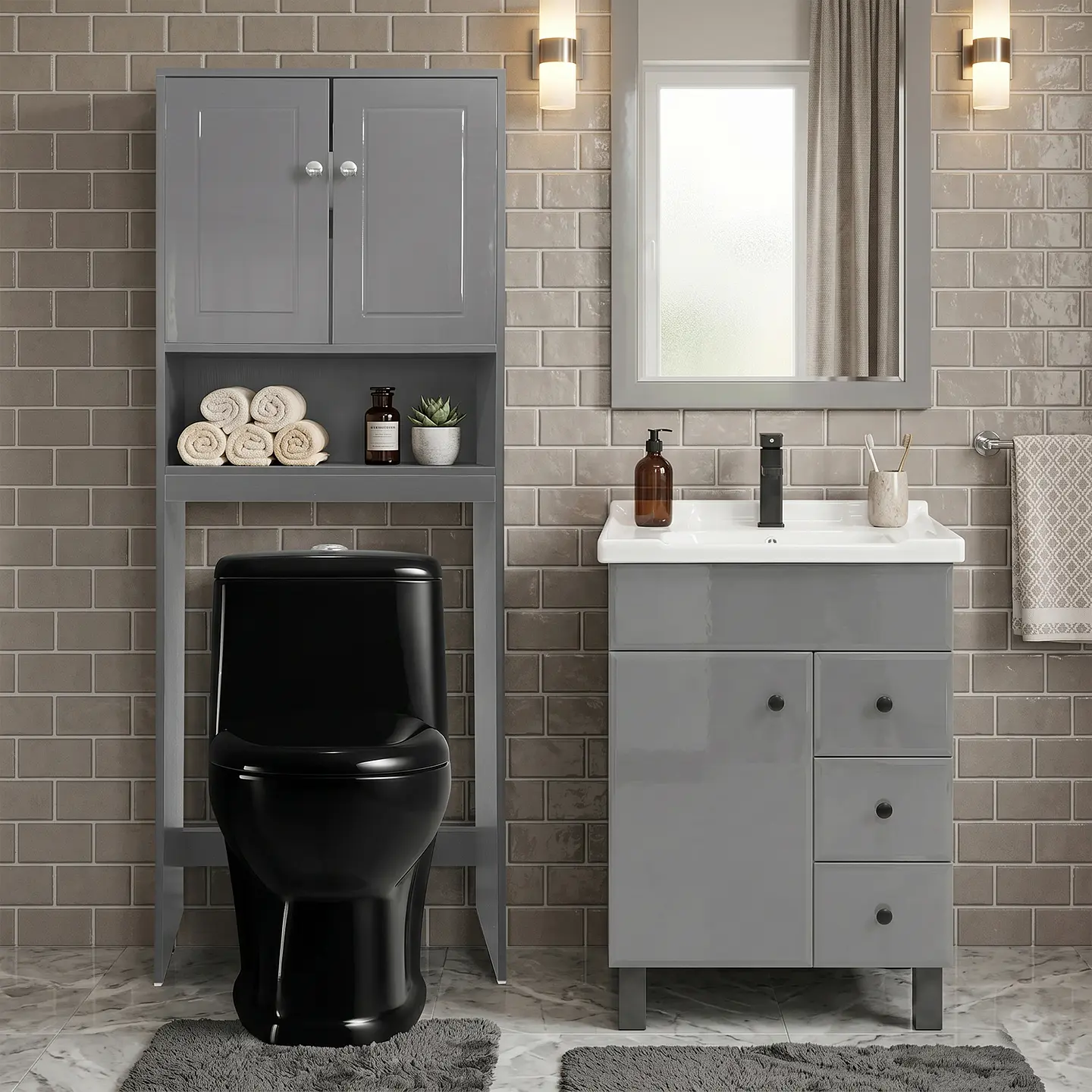 Kit Mueble Vanitorio Gris + Estante Gris + WC Negro - Mueble 70x47x80 cm 2