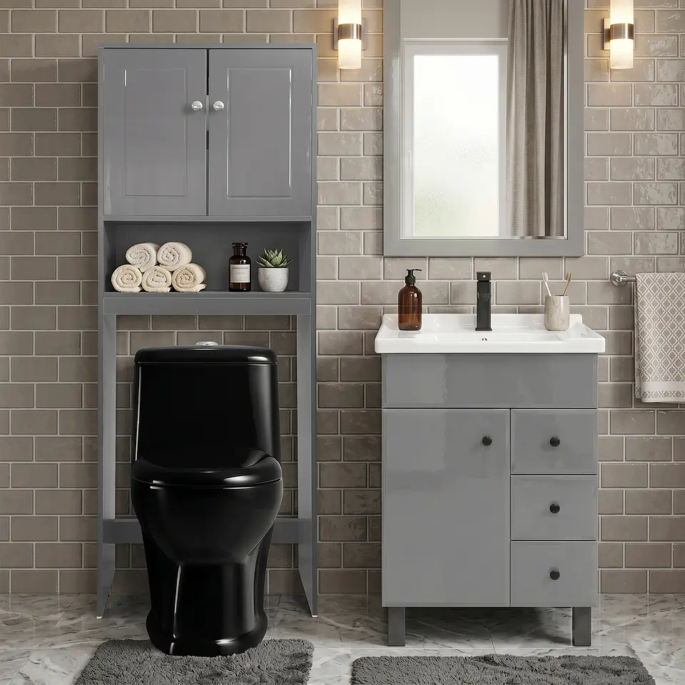 Kit Mueble Vanitorio Gris + Estante Gris + WC Negro - Mueble 70x47x80 cm 2