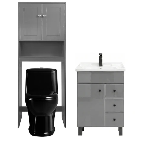 Kit Mueble Vanitorio Gris + Estante Gris + WC Negro - Mueble 70x47x80 cm
