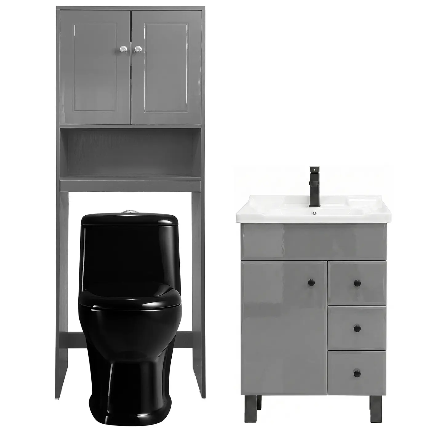 Kit Mueble Vanitorio Gris + Estante Gris + WC Negro - Mueble 70x47x80 cm 1