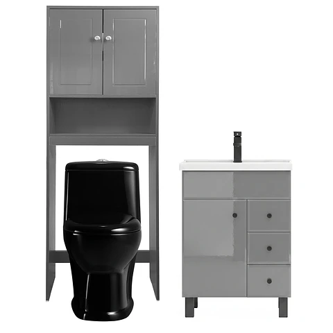 Kit Mueble Vanitorio Gris + Estante Gris + WC Negro - Mueble 60x47x80 cm