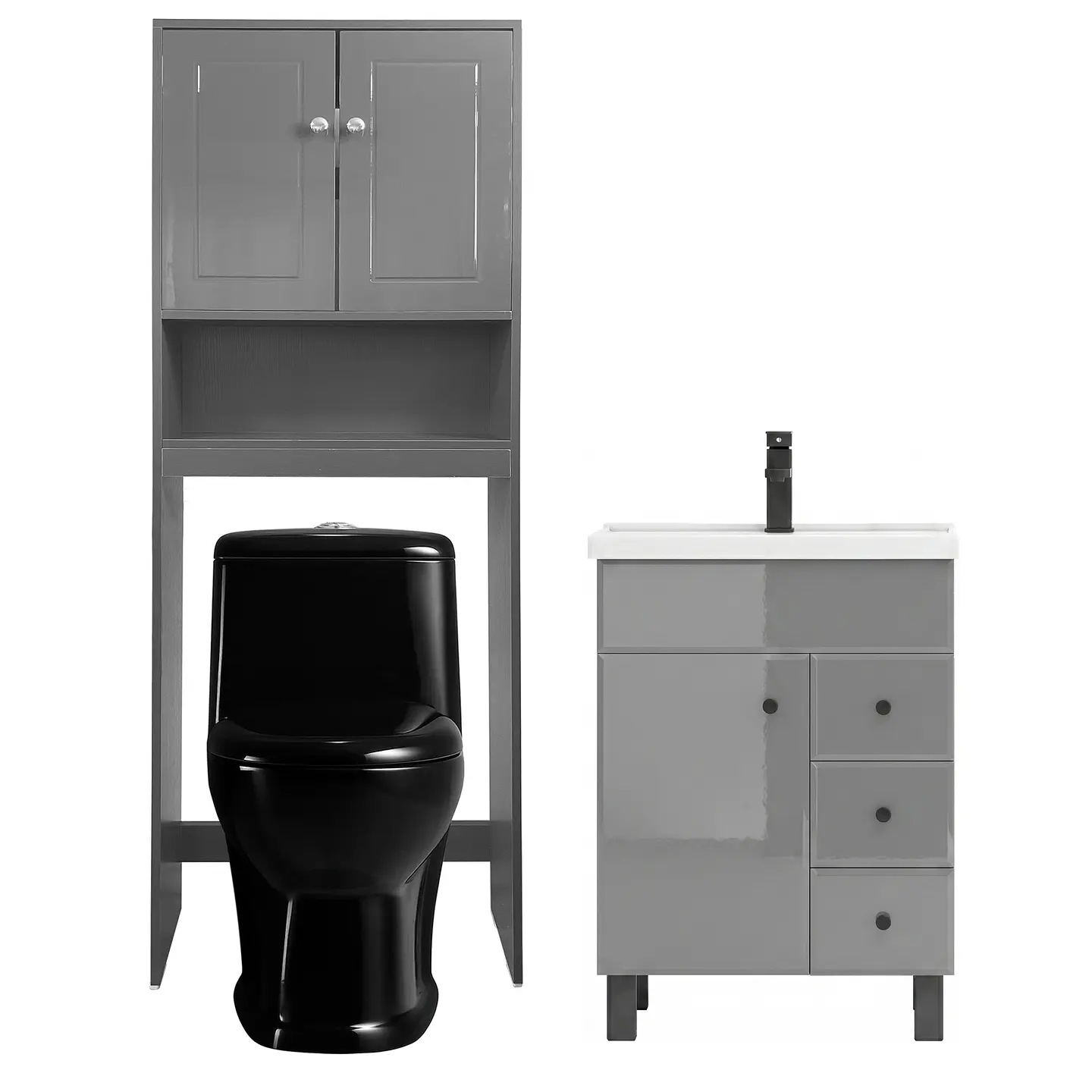 Kit Mueble Vanitorio Gris + Estante Gris + WC Negro - Mueble 60x47x80 cm 1