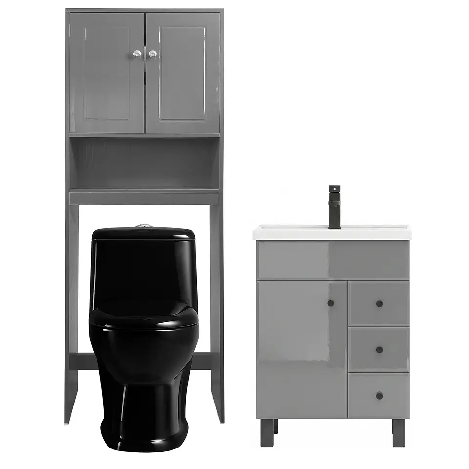 Kit Mueble Vanitorio Gris + Estante Gris + WC Negro - Mueble 60x47x80 cm 1