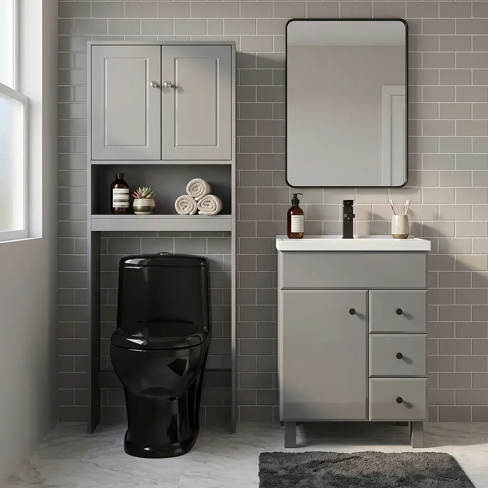 Kit Mueble Vanitorio Gris + Estante Gris + WC Negro - Mueble 60x47x80 cm 2
