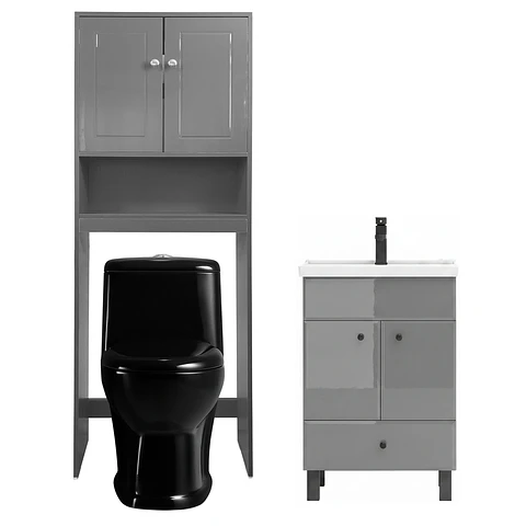 Kit Mueble Vanitorio Gris + Estante Gris + WC Negro - Mueble 50x40x80 cm
