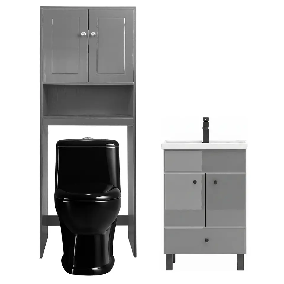 Kit Mueble Vanitorio Gris + Estante Gris + WC Negro - Mueble 50x40x80 cm 1