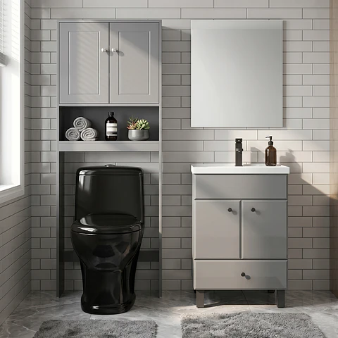 Kit Mueble Vanitorio Gris + Estante Gris + WC Negro - Mueble 50x40x80 cm
