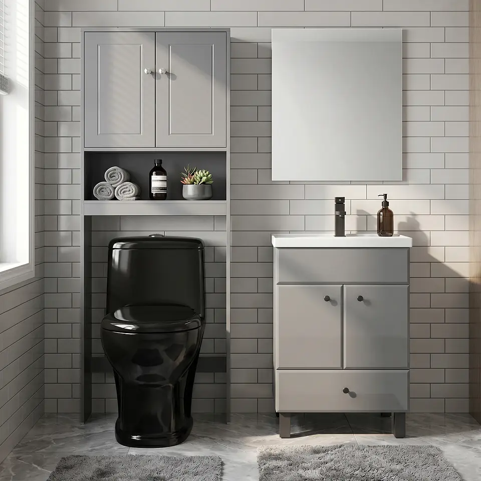 Kit Mueble Vanitorio Gris + Estante Gris + WC Negro - Mueble 50x40x80 cm 2