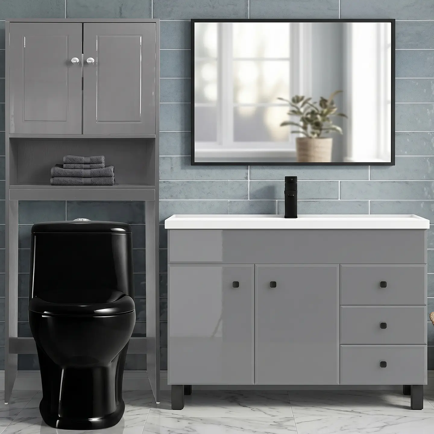 Kit Mueble Vanitorio Gris + Estante Gris + WC Negro - Mueble 120x47x80 cm 2