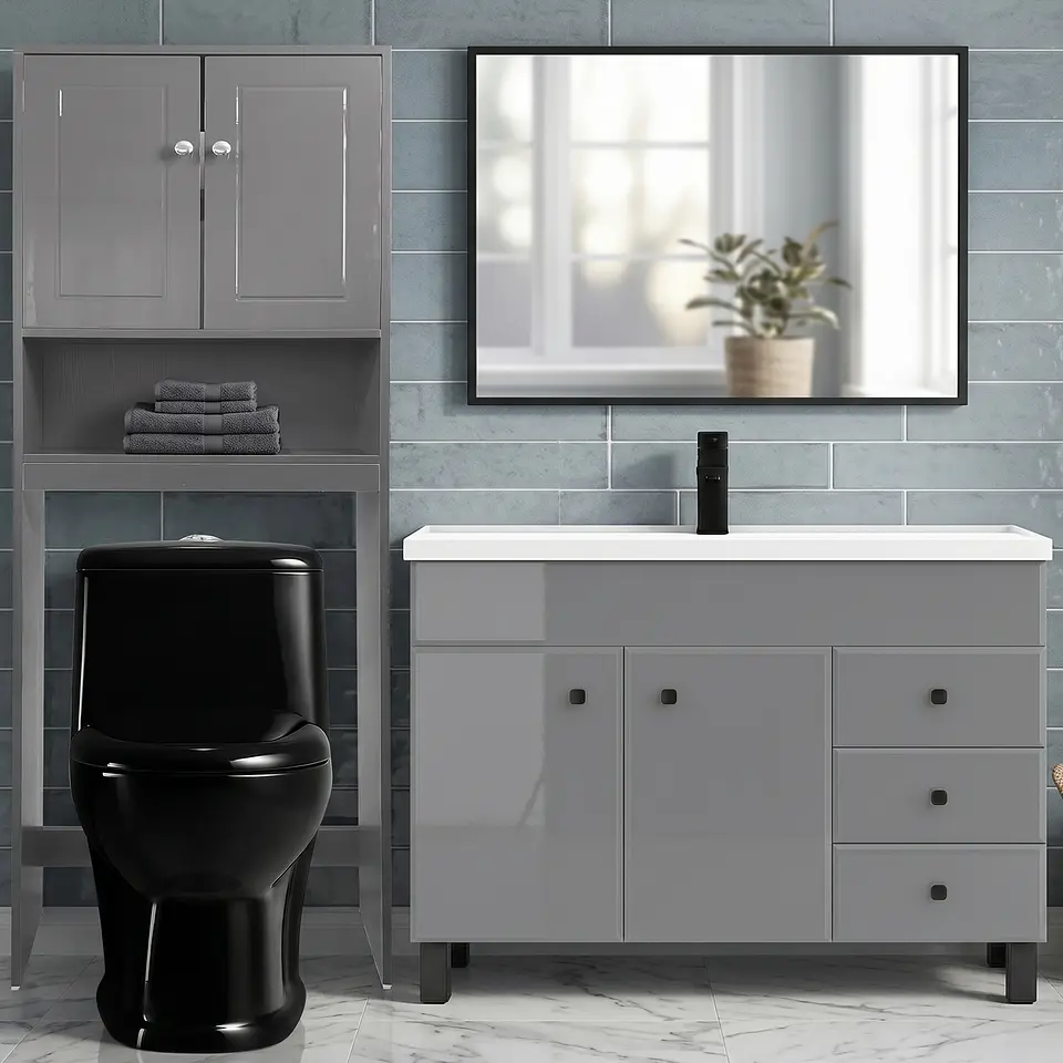 Kit Mueble Vanitorio Gris + Estante Gris + WC Negro - Mueble 120x47x80 cm 2