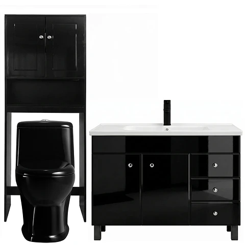 Kit Mueble Vanitorio Negro + Estante Negro + WC Negro - Mueble 120x47x80 cm