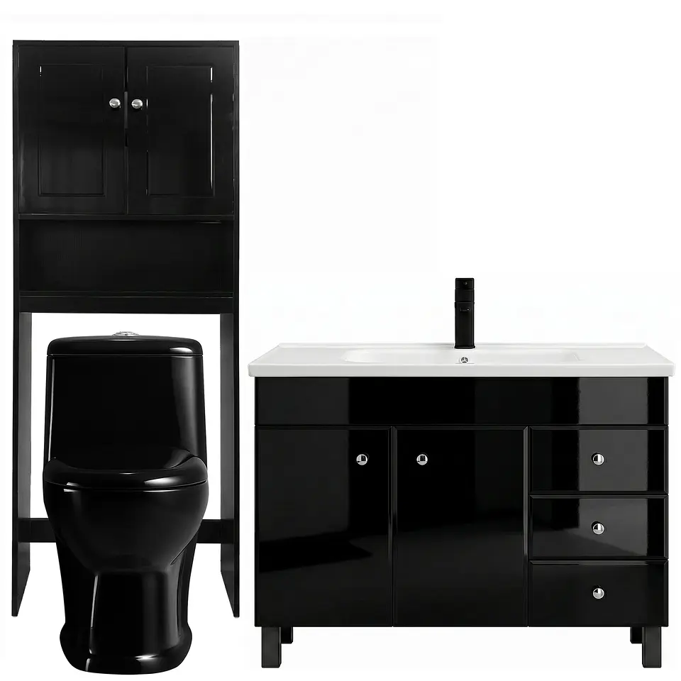 Kit Mueble Vanitorio Negro + Estante Negro + WC Negro - Mueble 120x47x80 cm 1
