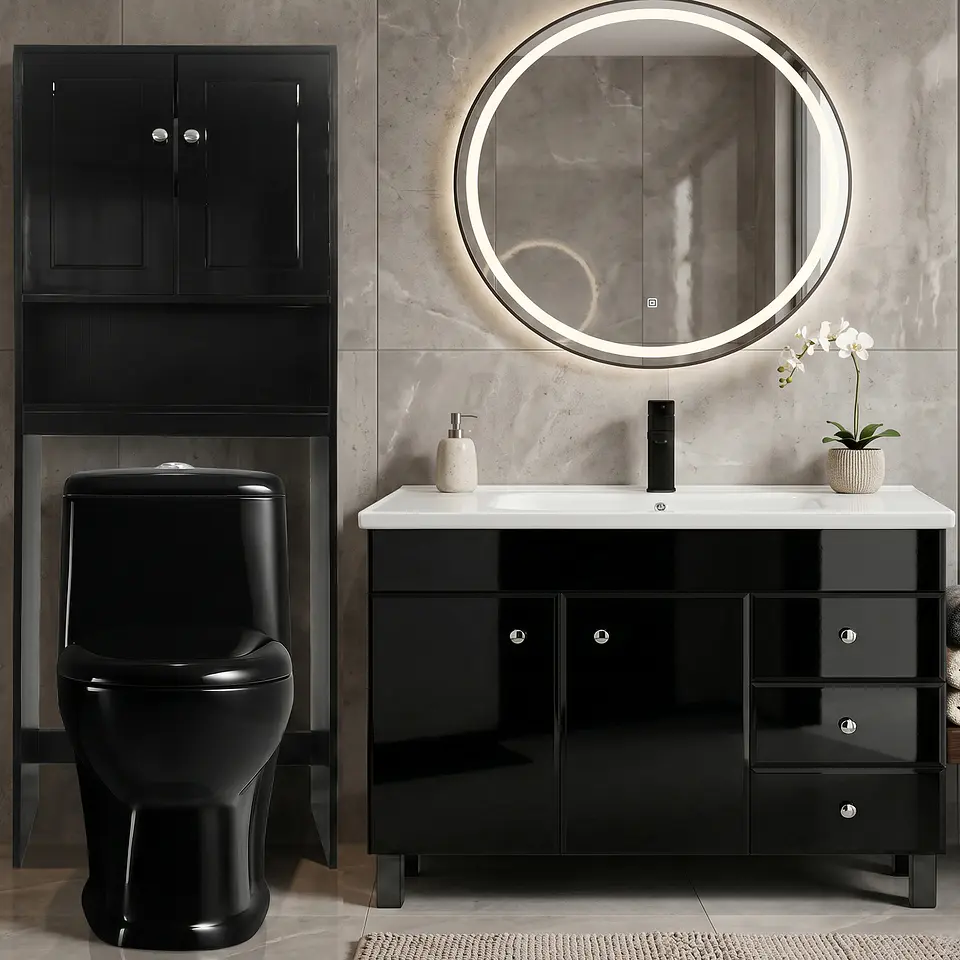 Kit Mueble Vanitorio Negro + Estante Negro + WC Negro - Mueble 120x47x80 cm 2