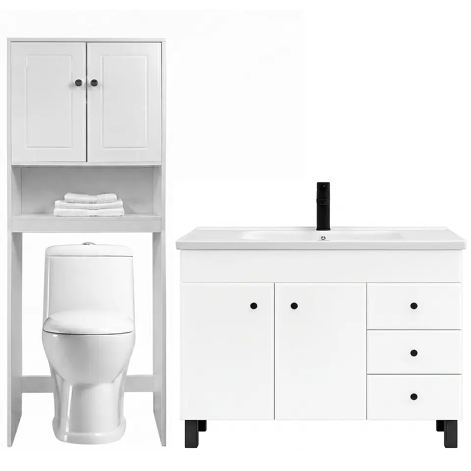 Kit Mueble Vanitorio Blanco + Estante Blanco + WC Blanco - Mueble 120x47x80 cm 1