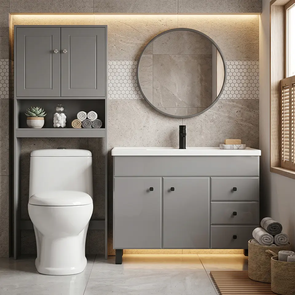 Kit Mueble Vanitorio Gris + Estante Gris + WC Blanco - Mueble 120x47x80 cm 2