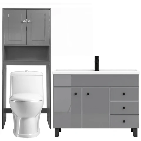 Kit Mueble Vanitorio Gris + Estante Gris + WC Blanco - Mueble 120x47x80 cm