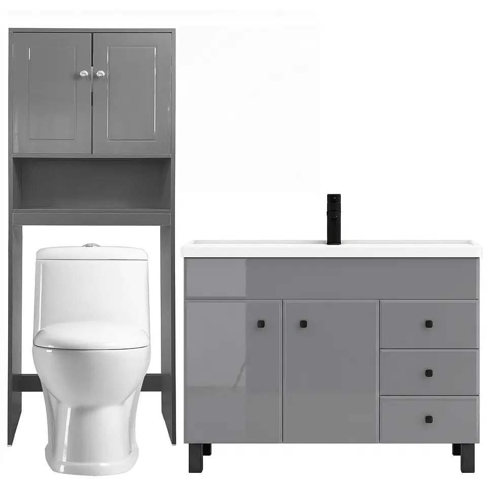 Kit Mueble Vanitorio Gris + Estante Gris + WC Blanco - Mueble 120x47x80 cm 1