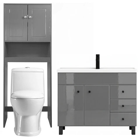 Kit Mueble Vanitorio Gris + Estante Gris + WC Blanco - Mueble 100x47x80 cm