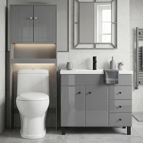 Kit Mueble Vanitorio Gris + Estante Gris + WC Blanco - Mueble 100x47x80 cm