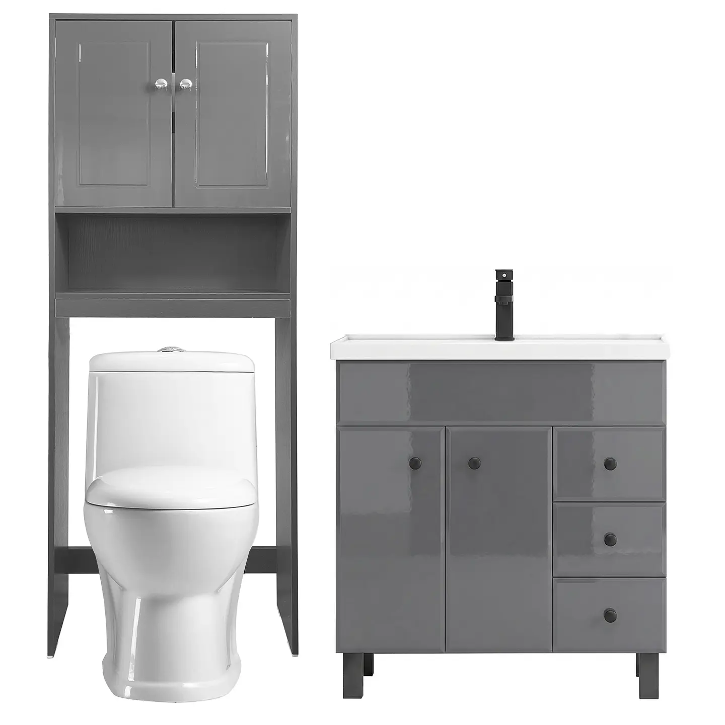 Kit Mueble Vanitorio Gris + Estante Gris + WC Blanco - Mueble 80x47x80 cm 1