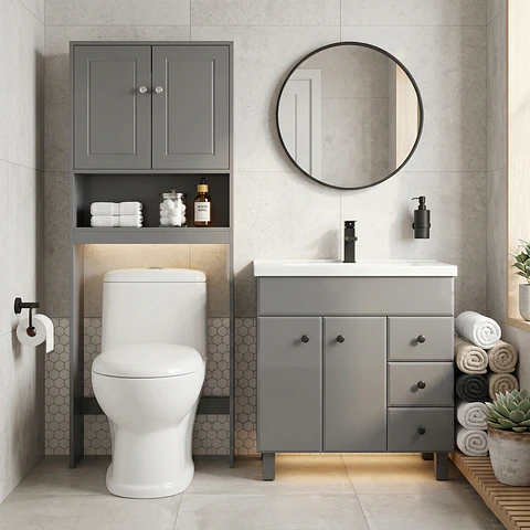 Kit Mueble Vanitorio Gris + Estante Gris + WC Blanco - Mueble 80x47x80 cm