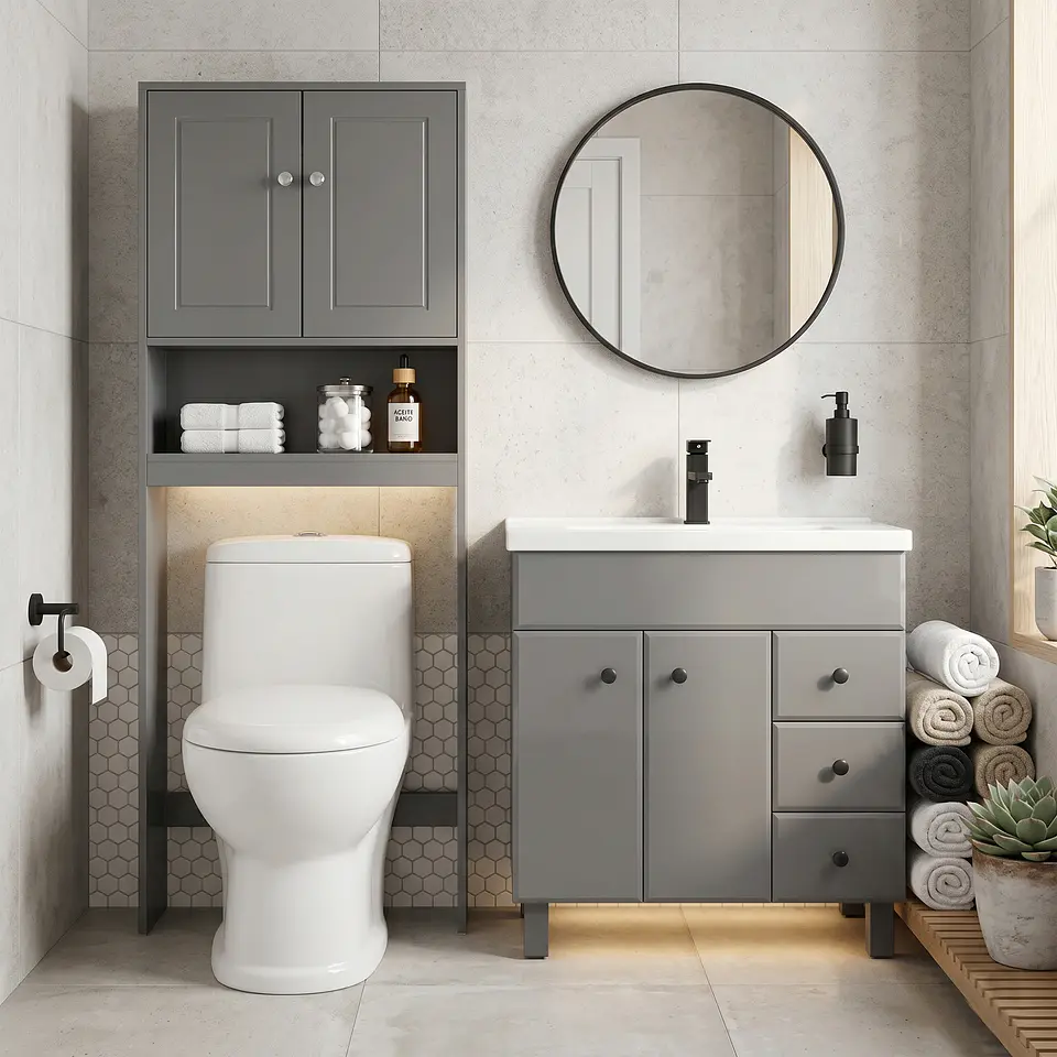 Kit Mueble Vanitorio Gris + Estante Gris + WC Blanco - Mueble 80x47x80 cm 2