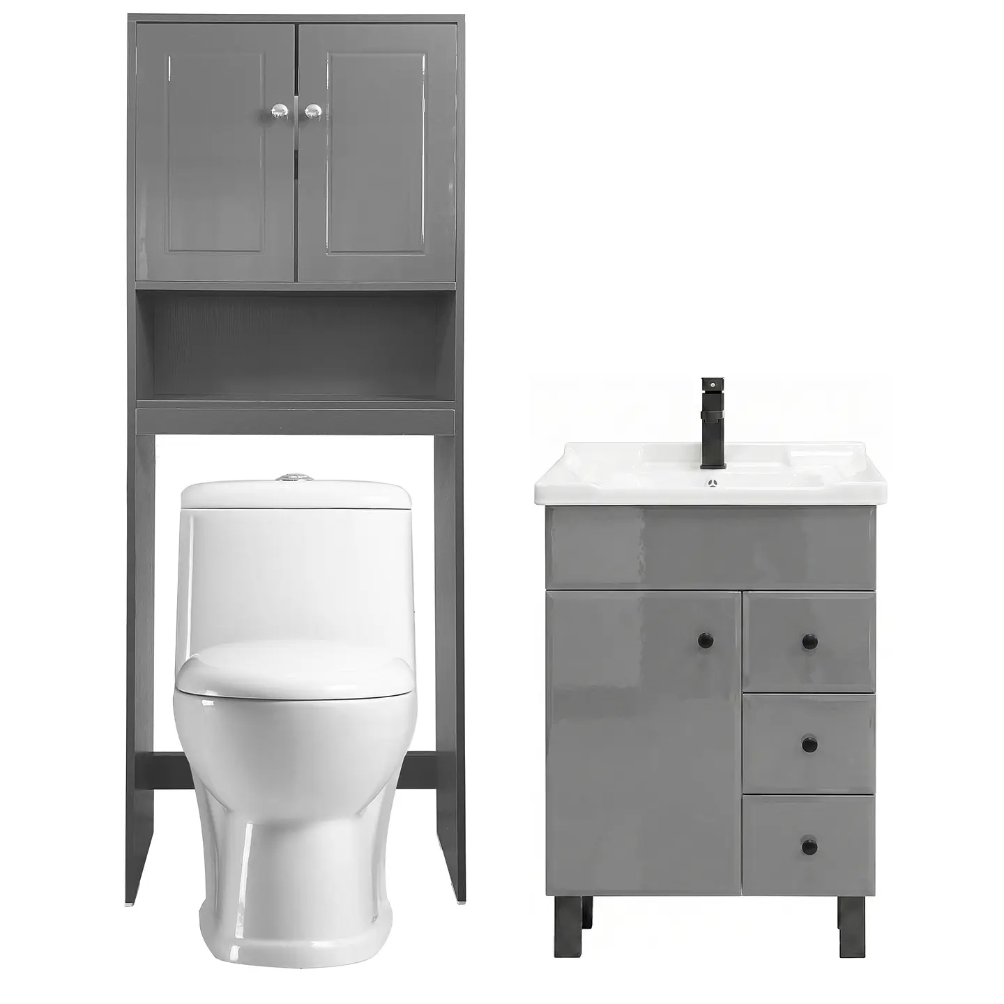 Kit Mueble Vanitorio Gris + Estante Gris + WC Blanco - Mueble 70x47x80 cm 1