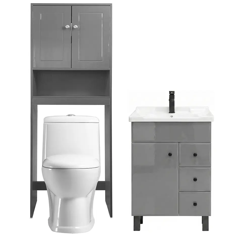 Kit Mueble Vanitorio Gris + Estante Gris + WC Blanco - Mueble 70x47x80 cm 1