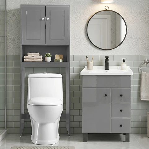 Kit Mueble Vanitorio Gris + Estante Gris + WC Blanco - Mueble 70x47x80 cm
