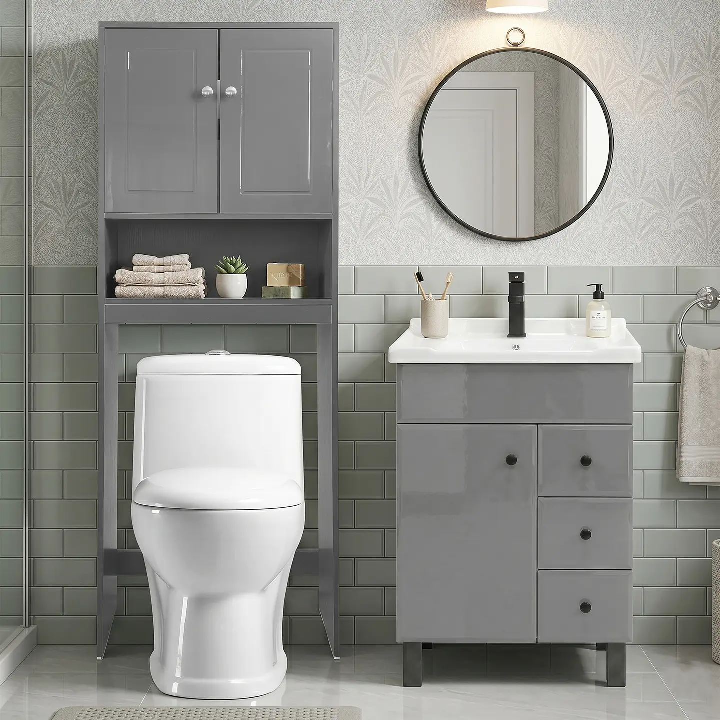 Kit Mueble Vanitorio Gris + Estante Gris + WC Blanco - Mueble 70x47x80 cm 2