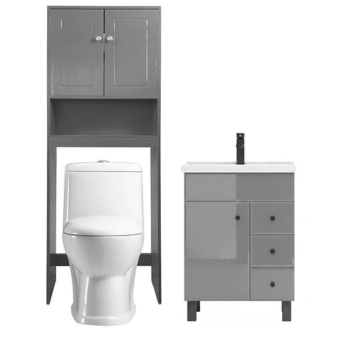 Kit Mueble Vanitorio Gris + Estante Gris + WC Blanco - Mueble 60x47x80 cm