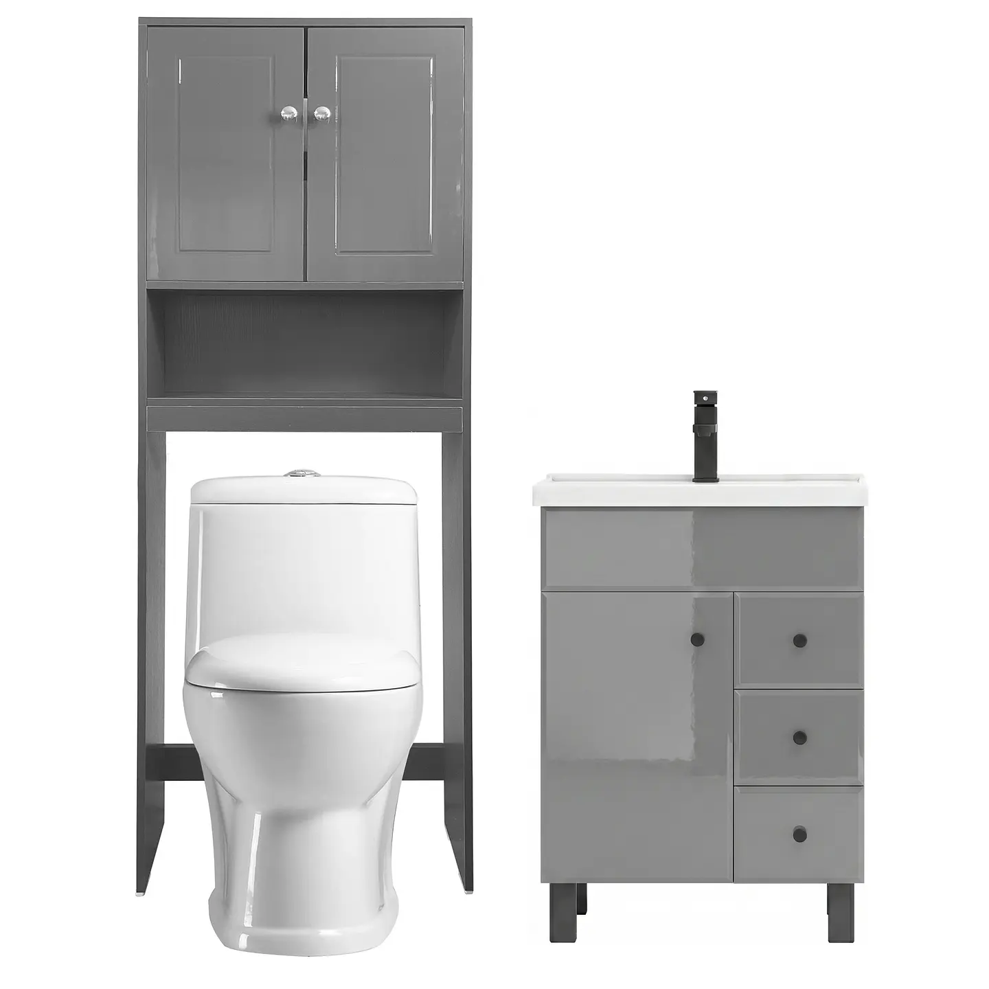 Kit Mueble Vanitorio Gris + Estante Gris + WC Blanco - Mueble 60x47x80 cm 1