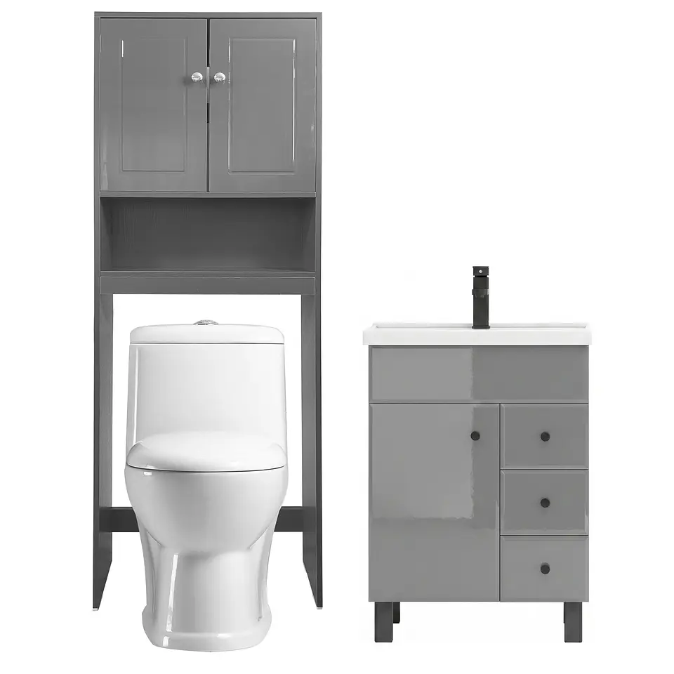 Kit Mueble Vanitorio Gris + Estante Gris + WC Blanco - Mueble 60x47x80 cm 1
