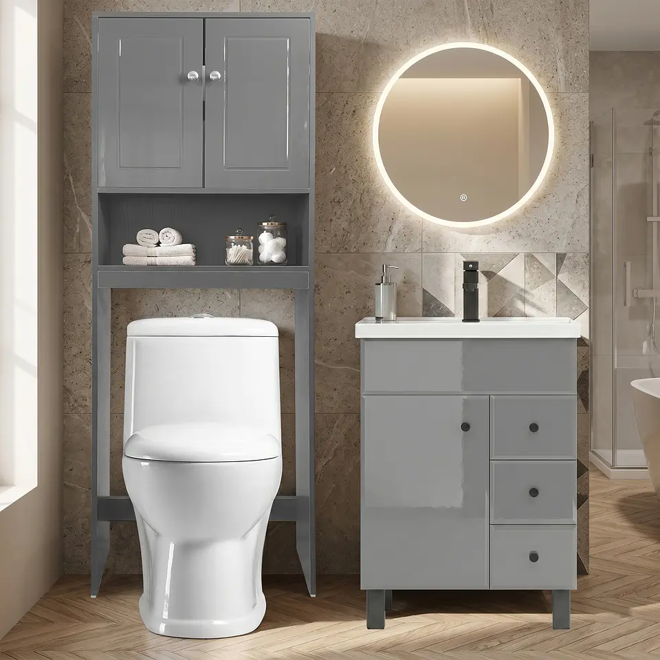 Kit Mueble Vanitorio Gris + Estante Gris + WC Blanco - Mueble 60x47x80 cm 2