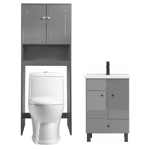 Kit Mueble Vanitorio Gris + Estante Gris + WC Blanco - Mueble 50x40x80 cm