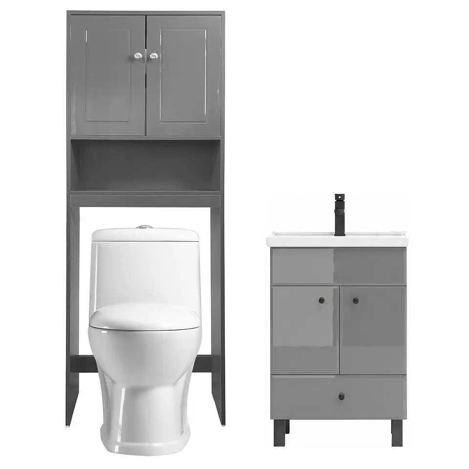 Kit Mueble Vanitorio Gris + Estante Gris + WC Blanco - Mueble 50x40x80 cm 1