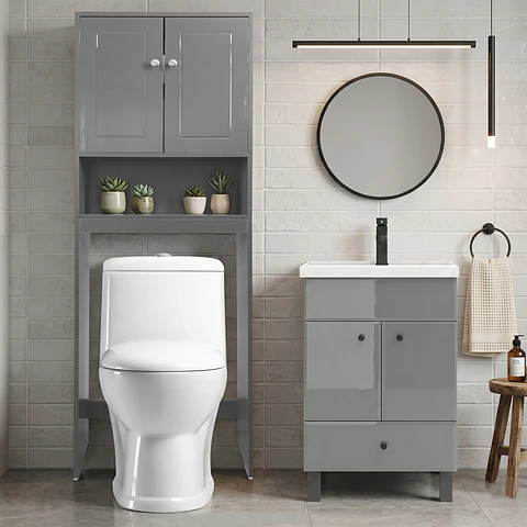 Kit Mueble Vanitorio Gris + Estante Gris + WC Blanco - Mueble 50x40x80 cm