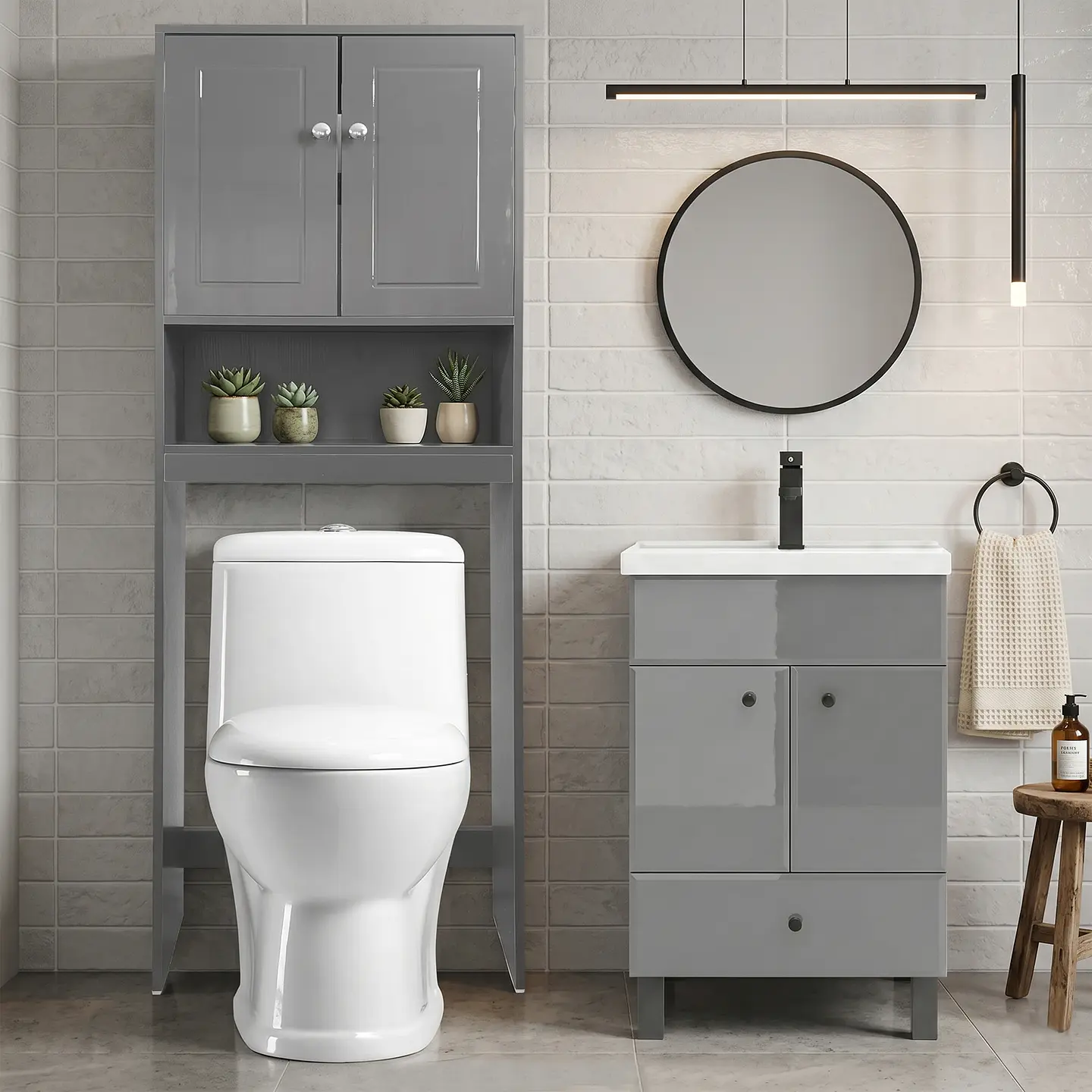 Kit Mueble Vanitorio Gris + Estante Gris + WC Blanco - Mueble 50x40x80 cm 2